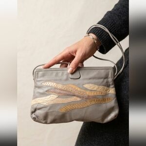 Vintage 80s Venetto USA Gray Leather Crossbody Bag - Snakeskin Patchwork